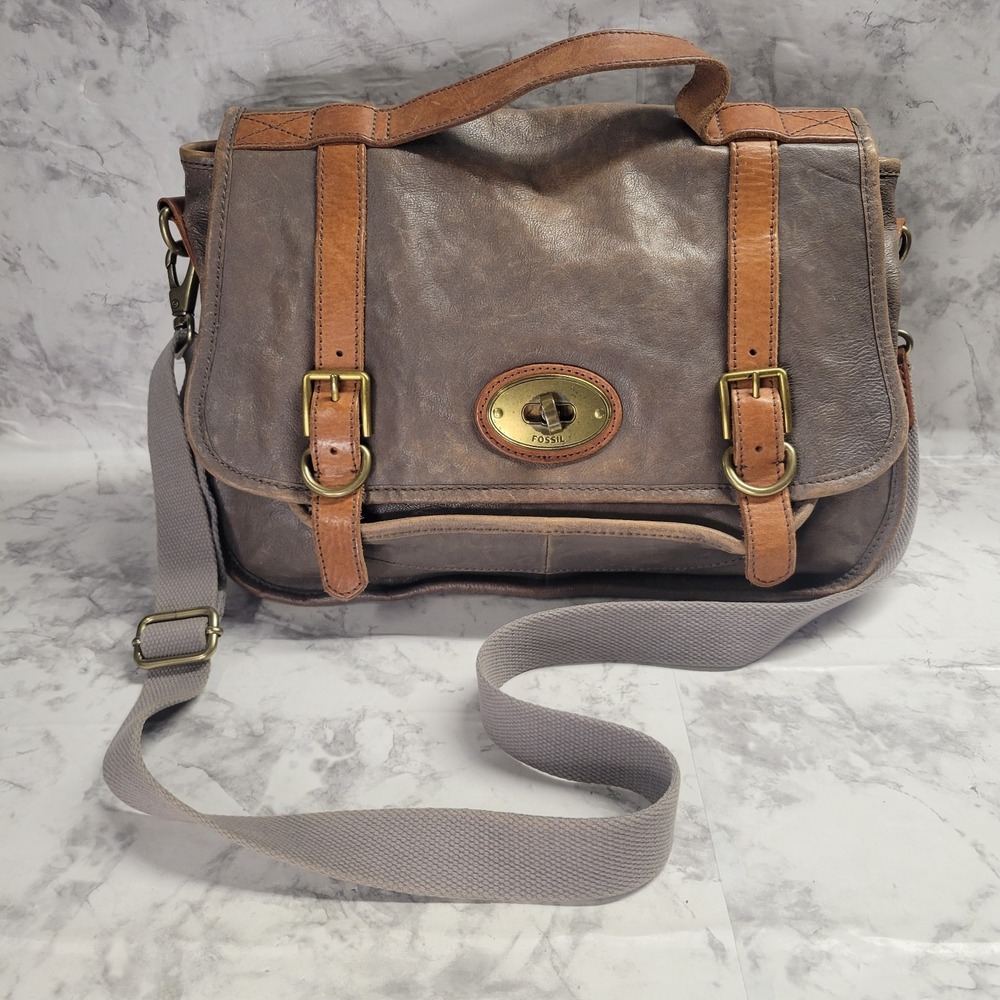 Fossil Brown Distressed Leather Messenger Bag Crossbody Satchel Turnlock Vintage